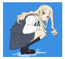 Rule 34 | 1girl, artist name, bc freedom (emblem), bc freedom school uniform, black socks, black skirt, black vest, blonde hair, blue background, blush, brown footwear, closed mouth, commentary, dated, dress shirt, drill hair, emblem, from side, full body, girls und panzer, green eyes, highres, kneehighs, leaning forward, light blush, loafers, long hair, long sleeves, looking at viewer, marie (girls und panzer), miniskirt, necktie, pleated skirt, school uniform, shirt, shoes, signature, simple background, skirt, smile, socks, solo, squatting, vest, white shirt, wing collar, zono (inokura syuzo029)