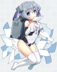Rule 34 | 1girl, backpack, bag, ballot box, blue eyes, blush, breasts, closed mouth, covered navel, detached sleeves, full body, garter straps, grey hair, hair rings, hands in opposite sleeves, hands up, knees together feet apart, leotard, looking at viewer, mouth hold, original, personification, sakura chiyo (konachi000), sidelocks, small breasts, solo, thick eyebrows, thighhighs, thighs, twitter username, white leotard, white thighhighs