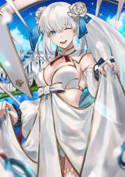 Rule 34 | 1girl, bare shoulders, bikini, blue eyes, blue hair, blue sky, braid, breasts, cleavage, detached sleeves, fate/grand order, fate (series), flower, french braid, gold trim, hair flower, hair ornament, hair ribbon, highres, large breasts, long hair, long skirt, long sleeves, looking at viewer, morgan le fay (fate), morgan le fay (water princess) (fate), one eye closed, open mouth, ponytail, puffy long sleeves, puffy sleeves, ribbon, sidelocks, skirt, sky, smile, solo, swimsuit, thighlet, tte (t ombi), twin braids, very long hair, white bikini, white hair, white skirt