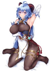 Rule 34 | 1girl, ahoge, arm behind head, arm under breasts, arm up, armpits, bare shoulders, bed sheet, bell, black bodysuit, black gloves, blue hair, blush, bodystocking, bodysuit, breasts, chinese knot, closed mouth, commentary, cowbell, detached sleeves, dress, flower knot, full body, ganyu (genshin impact), genshin impact, gloves, goat horns, gold trim, hair between eyes, highres, horns, large breasts, long hair, looking at viewer, low ponytail, masaki nanaya, no shoes, purple eyes, shadow, side slit, sidelocks, simple background, sitting, sleeveless, sleeveless dress, smile, solo, taut clothes, thighlet, very long hair, vision (genshin impact), wariza, white background, white dress