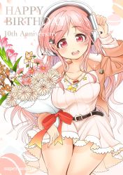 Rule 34 | 1girl, arato asato, belt, birthday, blush, bouquet, breasts, dress, flower, hair ornament, hairclip, happy birthday, headphones, highres, large breasts, long hair, looking at viewer, nitroplus, open mouth, pink eyes, pink hair, smile, solo, super sonico