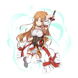 Rule 34 | 1girl, arm up, asuna (sao), breasts, brown hair, choker, detached sleeves, full body, highres, holding, holding sword, holding weapon, large breasts, long hair, rapier, solo, sword, sword art online, sword art online: memory defrag, thigh strap, thighhighs, transparent background, very long hair, weapon, white thighhighs, wrist cuffs