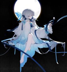 Rule 34 | 1girl, absurdres, arknights, barefoot, blue dress, blue eyes, blue ribbon, closed mouth, dress, fish, full body, gradient dress, grey hair, hand on own knee, highres, jacknife, knee up, long sleeves, looking at object, moon, mulberry (arknights), mulberry (reflection that of the moons) (arknights), official alternate costume, ribbon, sitting, solo, very long sleeves, white dress