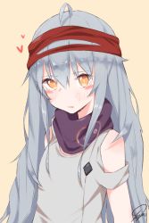 Rule 34 | 1girl, ahoge, blush, commentary, g11 (girls&#039; frontline), girls&#039; frontline, grey hair, headband, highres, long hair, looking at viewer, orange eyes, parted lips, signature, simple background, solo, tosyeo