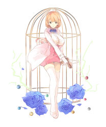 Rule 34 | 1girl, birdcage, blue flower, breasts, brown eyes, brown hair, cage, coat, energy gun, flower, full body, gem, large breasts, medium hair, narusawa ryouka, nuno (macao), occultic;nine, ray gun, solo, thighhighs, weapon, white background, white coat, white thighhighs