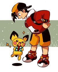 Rule 34 | 1boy, backwards hat, baseball cap, black hair, blush, box, brown eyes, commentary, creatures (company), ethan (pokemon), game freak, gen 2 pokemon, gift, gift box, hat, highres, jacket, leaning forward, looking down, male focus, nintendo, open mouth, orange shorts, panmimi, pichu, pokemon, pokemon (creature), pokemon gsc, red footwear, red jacket, shoes, short hair, shorts, smile, sparkle, standing, symbol-only commentary
