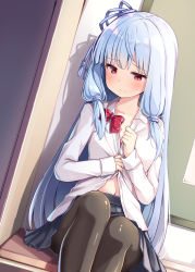 Rule 34 | 1girl, black pantyhose, black skirt, blue hair, blue ribbon, blush, bow, bra, breasts, closed mouth, collarbone, collared shirt, commentary request, dress shirt, dutch angle, feet out of frame, hair ribbon, indoors, knees up, kotonoha aoi, long hair, long sleeves, navel, ominaeshi (takenoko), pantyhose, pink bra, pleated skirt, red bow, red eyes, ribbon, shirt, sidelocks, sitting, skirt, sleeves past wrists, small breasts, solo, underwear, very long hair, voiceroid, white shirt
