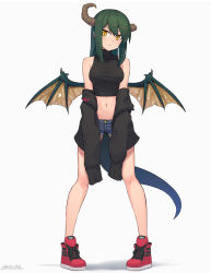 Rule 34 | 1girl, bare legs, black jacket, black shirt, blush, breasts, closed mouth, commentary request, crop top, denim, denim shorts, dragon girl, dragon horns, dragon tail, dragon wings, full body, green hair, highres, horns, jacket, long hair, long sleeves, medium breasts, midriff, navel, off shoulder, open mouth, original, pigeon-toed, red footwear, shirt, shoes, short shorts, shorts, signature, simple background, sleeveless, sleeveless shirt, slit pupils, sneakers, solo, standing, tail, taut clothes, taut shirt, white background, wings, wozora, yellow eyes