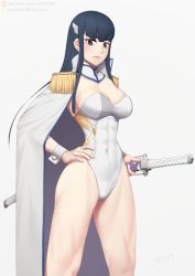Rule 34 | 1girl, alternate costume, black eyes, black hair, blush, breasts, cape, cleavage, covered erect nipples, detached collar, epaulettes, hand on own hip, katana, kill la kill, kiryuuin satsuki, large breasts, leotard, looking at viewer, muscular, muscular female, narrow waist, putcher, solo, sword, thighs, weapon, white background, wrist cuffs