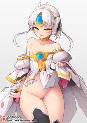 Rule 34 | 1girl, ass, bad id, bad pixiv id, bare shoulders, black thighhighs, blush, braid, breasts, chinese commentary, choker, clothes lift, clothes pull, code: empress (elsword), collarbone, commentary request, dress, dress lift, dress pull, elsword, eve (elsword), facial mark, forehead jewel, french braid, lifting own clothes, long hair, looking at viewer, md5 mismatch, nipples, no bra, no panties, parted lips, patreon username, puffy sleeves, pussy, resolution mismatch, simple background, small breasts, smile, solo, strapless, strapless dress, thigh gap, thighhighs, waero, white dress, white hair, yellow choker, yellow eyes