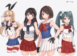 Rule 34 | 4girls, agano (kancolle), anchor hair ornament, anchor symbol, aqua eyes, black gloves, black hair, black panties, blonde hair, blue eyes, blue hair, blue neckwear, blue sailor collar, blue skirt, bow, breasts, brown hair, closed mouth, cropped legs, detached sleeves, elbow gloves, gloves, grey background, hair between eyes, hair bow, hair ornament, hairband, hand on own hip, highleg, highleg panties, isuzu (kancolle), kantai collection, large breasts, long hair, maya (kancolle), medium breasts, multiple girls, navel, open mouth, panties, pleated skirt, red neckwear, red sailor collar, red skirt, rin (rin niji), sailor collar, school uniform, serafuku, shimakaze (kancolle), short hair, simple background, skirt, small breasts, smile, striped clothes, striped legwear, striped thighhighs, thighhighs, twintails, twitter username, underwear, white bow, white gloves, white sailor collar, white skirt, x hair ornament