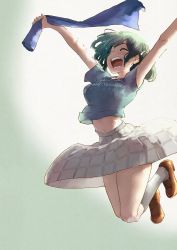 Rule 34 | 1girl, absurdres, artist name, artist request, bare legs, black hair, blue hair, bow, breasts, brown footwear, checkered clothes, checkered skirt, closed eyes, clothes writing, dark blue hair, dark green hair, full body, hair between eyes, hair bow, hair ribbon, highres, jumping, looking at viewer, love live!, love live! nijigasaki high school idol club, mifune shioriko, miniskirt, outstretched arms, parted lips, plaid, plaid skirt, pleated, pleated skirt, ribbon, sharp teeth, shoes, short hair, short sleeves, skirt, small breasts, smile, solo, spread arms, teeth, white legwear, white skirt, yellow bow, yellow ribbon