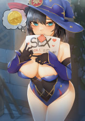 Rule 34 | 1girl, areola slip, asymmetrical bangs, bababababan, bare legs, black gloves, black hair, black ribbon, blue hat, blue leotard, breasts, cleavage, condom, cowboy shot, elbow gloves, english text, genshin impact, gloves, green eyes, hair between eyes, hair ribbon, hand gesture, hat, heart, highres, large breasts, leotard, long hair, looking at viewer, mona (genshin impact), mora (genshin impact), mouth hold, penetration gesture, prostitution, ribbon, sign, solo, thought bubble, twintails, witch hat