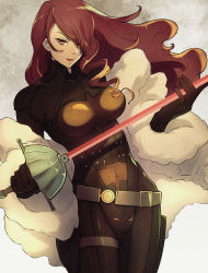 Rule 34 | 1girl, artist name, bodysuit, breasts, coat, covered navel, drill hair, floating hair, fur coat, hair over one eye, highres, holding, holding weapon, kirijou mitsuru, large breasts, lips, long hair, looking at viewer, persona, persona 3, persona 4: the ultimate in mayonaka arena, rapier, red eyes, red hair, smile, solo, sparkle, sword, weapon, yuenibushi