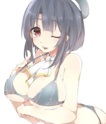 Rule 34 | 10s, 1girl, ascot, bikini, black hair, breast hold, breasts, cleavage, female focus, hat, highres, kantai collection, large breasts, leaning forward, looking at viewer, one eye closed, open mouth, red eyes, reirou (chokoonnpu), short hair, simple background, solo, strap lift, swimsuit, takao (kancolle)