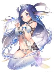 Rule 34 | 1girl, :o, armlet, bare shoulders, bikini, blue eyes, blue gemstone, blue hair, blue hairband, blue nails, blush, bra, bracelet, breasts, cleavage, colored skin, covered erect nipples, crying, crying with eyes open, crystal, detached collar, fingernails, fins, fish girl, fish scales, full body, gem, glint, hair ornament, hairband, hand on own chest, hands up, head fins, heart, highres, holding, holding jewelry, holding necklace, hydrokinesis, jewelry, lace, large breasts, long hair, looking away, monster girl, multicolored hair, multicolored nails, multicolored skin, nail polish, navel, necklace, open mouth, original, parted bangs, purple eyes, revealing clothes, ring, ryota (ry o ta), scales, seiza, shell, signature, simple background, sitting, solo, stomach, straight hair, swimsuit, swirl, tears, thumb ring, tiara, underwear, unworn jewelry, unworn necklace, upper body, water, water drop, white background, white bra, white nails