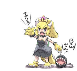 Rule 34 | 1girl, bad id, bad pixiv id, bare shoulders, black dress, blue eyes, blush, bowsette, bracelet, breasts, chain chomp, claws, cleavage, collar, collarbone, commentary request, crown, dress, hair between eyes, holding, horns, jewelry, mario (series), medium breasts, mini crown, new super mario bros. u deluxe, nintendo, open mouth, sharp teeth, spiked bracelet, spiked collar, spiked tail, spikes, standing, strapless, strapless dress, super crown, super mario rpg, tail, teeth, translation request, u-non (annon&#039;an), v-shaped eyebrows, white background