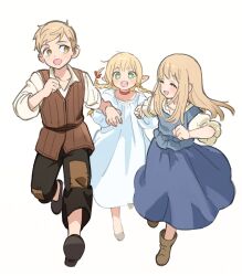 Rule 34 | 1boy, 2girls, :d, :o, ^ ^, aged down, ankle boots, black footwear, black pants, blonde hair, blue skirt, blue vest, boots, braid, bright pupils, brother and sister, brown eyes, brown footwear, brown vest, choker, closed eyes, collared shirt, dress, dungeon meshi, elf, falin touden, floating hair, full body, green eyes, highres, holding another&#039;s wrist, holding hands, laios touden, looking at another, marcille donato, multiple girls, open mouth, pants, patchwork clothes, pointy ears, red choker, running, shirt, shoes, short hair, siblings, simple background, skirt, smile, twin braids, vest, white background, white dress, white pupils, white shirt, wuliu heihuo