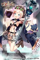Rule 34 | 1girl, age of ishtaria, belldot, beret, blonde hair, blue eyes, book, boots, breasts, capelet, carter (age of ishtaria), cat, cleavage, company name, copyright name, copyright notice, gloves, goggles, goggles on headwear, hat, navel, official art, open mouth, short hair, solo, staff