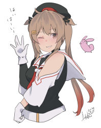 Rule 34 | 1girl, absurdres, asymmetrical clothes, bare shoulders, black serafuku, blush, brown eyes, dated, detached sleeves, gloves, gradient hair, hair between eyes, highres, inica, kantai collection, light brown hair, long hair, multicolored hair, murasame (kancolle), murasame kai ni (kancolle), neckerchief, one eye closed, rabbit, red neckerchief, sailor collar, school uniform, serafuku, signature, simple background, smile, solo, two side up, upper body, waving, white background, white gloves, white sailor collar