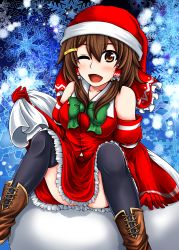 Rule 34 | 1girl, black thighhighs, boots, bow, brown eyes, brown hair, christmas, detached sleeves, green bow, hair bow, hair ornament, hair tubes, hairclip, hakurei reimu, hat, highres, matching hair/eyes, one eye closed, open mouth, sack, santa costume, santa hat, shirt, sitting, skirt, sleeveless, sleeveless shirt, snowflake background, solo, suikyou (aqua cities), thighhighs, touhou