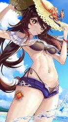 Rule 34 | 1girl, absurdres, alternate costume, arms up, bare shoulders, bikini, bikini under clothes, black bikini, blue shorts, blue sky, breasts, cloud, cowboy shot, crop top, day, floating hair, flower, flower-shaped pupils, frilled shirt, frills, front-tie bikini top, front-tie top, genshin impact, hair between eyes, hand on headwear, hat, hat flower, highleg, highleg bikini, highres, hu tao (genshin impact), kun kun, medium breasts, micro shorts, navel, ocean, off-shoulder shirt, off shoulder, open fly, outdoors, red eyes, shirt, shorts, side-tie bikini bottom, sidelocks, sky, solo, stomach, straw hat, swimsuit, symbol-shaped pupils, thighs, twintails, vision (genshin impact), wading, water, wristband