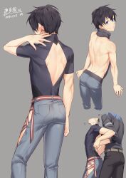 Rule 34 | 2boys, absurdres, back cutout, backless outfit, belt, black hair, blue eyes, blush, character sheet, clothing cutout, commentary request, dated, from behind, from side, grey background, hair between eyes, hand under clothes, heart, highres, kiyonagi, looking at viewer, male focus, multiple boys, multiple views, original, pants, shiny skin, shirt, short hair, size difference, solo focus, standing, tight clothes, tight shirt, toned, toned male, yaoi