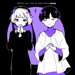 Rule 34 | 2boys, black background, black hair, copyright name, cross, facing viewer, looking at viewer, multicolored background, multiple boys, open mouth, ori (twcftw), praying, purple background, purple eyes, rem (twcftw), sesam344, short hair, sketch, tomorrow won&#039;t come for those without, white hair