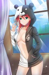 Rule 34 | 1girl, :/, animal hood, blush, breasts, center opening, closed mouth, cowboy shot, curtains, day, eba rin, full-length zipper, green eyes, hand in pocket, highres, hood, hoodie, jitome, kimi no iru machi, long sleeves, looking at viewer, mole, mole under eye, naked hoodie, navel, red hair, small breasts, solo, sparkle, split theme, stomach, sunlight, swept bangs, the-sinner, window, zipper