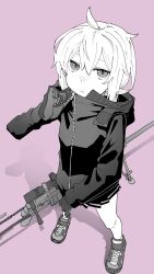 Rule 34 | 1girl, ahoge, bolt action, cheytac m200, frown, full body, girls&#039; frontline, gloves, greyscale with colored background, gun, hair between eyes, highres, hood, hood down, hoodie, jacket, long sleeves, looking at viewer, m200 (girls&#039; frontline), monochrome, nakiusagi, pink background, pleated skirt, rifle, shadow, shoes, short hair, simple background, skirt, sneakers, sniper rifle, solo, weapon, zipper, zipper pull tab