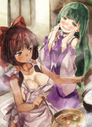 Rule 34 | 2girls, apron, bare shoulders, blush, bow, breasts, brown eyes, brown hair, cooking, detached sleeves, green eyes, green hair, hair bow, hair tubes, hakurei reimu, hands on own cheeks, hands on own face, kochiya sanae, large breasts, long hair, multiple girls, naked apron, open mouth, short hair, short hair with long locks, skirt, smile, tan, tanline, touhou, wide sleeves, yohane