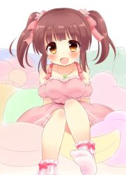 Rule 34 | 1girl, blush, breasts, brown eyes, brown hair, collarbone, hair ribbon, idolmaster, idolmaster cinderella girls, jewelry, large breasts, looking at viewer, necklace, ogata chieri, open mouth, red ribbon, ribbon, ringo (nanaprin), short hair, short twintails, smile, socks, solo, twintails, white socks