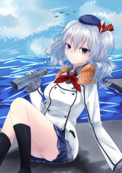 Rule 34 | 10s, 1girl, absurdres, arm support, bad id, bad pixiv id, binoculars, cloud, day, epaulettes, frilled sleeves, frills, highres, kantai collection, kashima (kancolle), looking at viewer, ocean, ribbon, grey eyes, silver hair, smile, solo, subaruk (kero1144), thighs, water, waves
