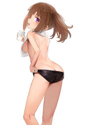 Rule 34 | 1girl, alice gear aegis, ass, bare arms, bare shoulders, black panties, breasts, brown hair, commentary request, cup, drinking glass, from side, highres, holding, holding cup, kimikage yui, large breasts, looking at viewer, looking back, medium hair, milk, panties, purple eyes, shoulder blades, simple background, solo, sunga2usagi, thighs, topless, towel, towel around neck, twintails, underwear, underwear only, white background, white towel