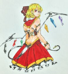 Rule 34 | 1girl, absurdres, alternate costume, backless outfit, bare shoulders, blonde hair, closed mouth, crystal, flandre scarlet, frilled skirt, frills, from behind, hair between eyes, highres, laevatein (tail), looking at viewer, looking back, mashimashi, multicolored wings, no headwear, pleated skirt, red eyes, red skirt, simple background, skirt, solo, tail, touhou, traditional media, white background, wings, wrist cuffs