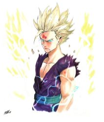 Rule 34 | 1boy, angry, aqua eyes, blonde hair, blood, dragon ball, dragonball z, highres, looking at viewer, male focus, muscular, nikolas draper-ivey, simple background, sketch, solo, son gohan, spiked hair, super saiyan, white background