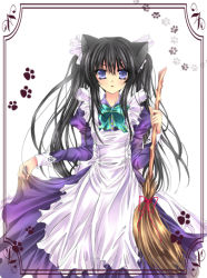 Rule 34 | 1girl, :o, animal ears, animal hands, apron, black hair, blue eyes, bow, bowtie, broom, cat ears, clothes lift, dress, dress lift, looking at viewer, maid, maid apron, original, twintails, yakumo rui
