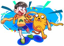 Rule 34 | 10s, 2boys, adventure time, awabuta, bad id, bad pixiv id, black hair, color connection, crossover, full body, jake, jake the dog, locked arms, male focus, matsuno jyushimatsu, multiple boys, open mouth, osomatsu-kun, osomatsu-san, osomatsu (series), shoes, shorts, single shoe, sleeves past wrists, slippers, smile, socks, sweater, tongue