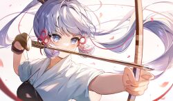 Rule 34 | 1girl, absurdres, archery, archery shooting glove, arrow (projectile), ayaka (genshin impact), blue eyes, bow (weapon), drawing bow, floating hair, flower knot, genshin impact, gloves, grey hair, hair ribbon, highres, holding, holding arrow, holding bow (weapon), holding weapon, kokonex, kyuudou, long hair, muneate, partially fingerless gloves, partly fingerless gloves, petals, ribbon, short sleeves, simple background, single glove, solo, tress ribbon, weapon, wind, yugake