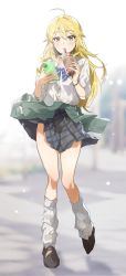 Rule 34 | 1girl, ahoge, black footwear, blonde hair, blue bow, blue skirt, blurry, blurry background, bow, bracelet, bubble tea, clothes around waist, collared shirt, cup, drink, drinking, drinking straw, drinking straw in mouth, green eyes, green jacket, highres, holding, holding cup, holding drink, hoshii miki, idolmaster, idolmaster (classic), jacket, jacket around waist, jewelry, katsu (kana), long hair, long sleeves, looking at viewer, loose socks, plaid, plaid skirt, school uniform, shirt, shoes, skirt, sleeves rolled up, socks, solo, striped, striped bow, white shirt
