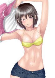 Rule 34 | 1girl, arm up, armpits, bare shoulders, bikini, bikini top only, blush, breasts, brown eyes, brown hair, cleavage, collarbone, cowboy shot, cutoffs, hair between eyes, looking at viewer, medium breasts, muffin (sirumeria), navel, red eyes, short hair, short shorts, shorts, simple background, smile, solo, sweat, swimsuit, white background