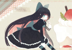 Rule 34 | 10s, 1girl, bad id, bad pixiv id, black hair, black nails, blue eyes, blunt bangs, bow, cake, colored inner hair, dress, eating, food, gothic lolita, hair bow, kashiwaba hisano, lolita fashion, long hair, multicolored hair, nail polish, pale skin, panty &amp; stocking with garterbelt, solo, stocking (psg), striped clothes, striped thighhighs, thighhighs, very long hair