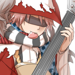 Rule 34 | 1boy, argyle, argyle clothes, argyle coat, black blindfold, black scarf, black vest, blindfold, blue scarf, coat, commentary request, guitar, hat, heart, heart in mouth, holding, holding instrument, instrument, minstrel (ragnarok online), mouth hold, music, natsuya (kuttuki), open mouth, pink hair, playing instrument, plume, polka dot, polka dot scarf, ragnarok online, red coat, red hat, red scarf, scarf, shirt, short hair, simple background, smile, solo, striped clothes, striped scarf, upper body, vest, white background, white scarf, white shirt