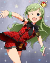 Rule 34 | 10s, 1girl, ;d, ahoge, aqua eyes, armlet, cuff links, dress, green hair, hat, idolmaster, idolmaster million live!, long hair, looking at viewer, official art, one eye closed, open mouth, plaid, plaid dress, plaid shorts, prologue rouge (idolmaster), shimabara elena, shorts, smile
