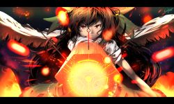 Rule 34 | 1girl, aiming, aiming at viewer, arm cannon, bird wings, blouse, brown hair, cape, collared shirt, cowboy shot, dated, fire, foreshortening, frown, glowing, gradient background, hair ribbon, highres, letterboxed, long hair, looking at viewer, messy hair, nani kore (wjstpwls4), powering up, puffy short sleeves, puffy sleeves, radiation symbol, red eyes, reiuji utsuho, ribbon, shirt, short sleeves, signature, skirt, smirk, solo, sparks, star (symbol), star print, touhou, tsurime, very long hair, weapon, white shirt, wings
