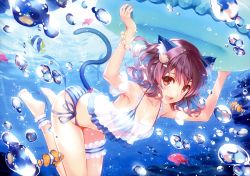 Rule 34 | 1girl, absurdres, air bubble, animal, animal ears, armpits, bare shoulders, barefoot, bikini, bracelet, breasts, brown eyes, brown hair, bubble, butt crack, cat ears, cat tail, cleavage, clownfish, collarbone, fingernails, fish, full body, hair ornament, highres, huge filesize, innertube, jewelry, looking at viewer, medium breasts, misaki kurehito, ocean, open mouth, original, outdoors, pearl bracelet, see-through, shell hair ornament, short hair, side-tie bikini bottom, smile, solo, striped, submerged, swim ring, swimsuit, tail, thigh strap, thighs, toes, underwater, vertical stripes, water