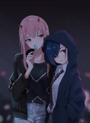 Rule 34 | 10s, 2girls, absurdres, black jacket, black shirt, blue jacket, blue shorts, brown eyes, brown skirt, candy, collarbone, darling in the franxx, food, grey hairband, grey pants, hairband, hand in pocket, hasisisissy, head tilt, highres, hood, hooded jacket, horns, ichigo (darling in the franxx), jacket, lollipop, long hair, looking to the side, multiple girls, necktie, night, open clothes, open jacket, outdoors, pants, parted lips, pink hair, pleated skirt, shirt, short hair, shorts, skirt, striped neckwear, white shirt, zero two (darling in the franxx)