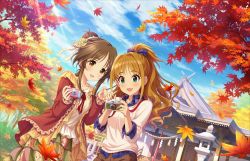 Rule 34 | 10s, 2girls, :3, :d, architecture, arms up, artist request, autumn, autumn leaves, beige sweater, blue sky, blush, bow, breasts, brown hair, brown shorts, bush, camera, cloud, cloudy sky, collarbone, collared shirt, curly hair, day, digital camera, dot nose, dutch angle, east asian architecture, eyelashes, eyes visible through hair, falling leaves, floral print, flower, frilled shirt, frills, green eyes, hair bow, hair bun, hair flower, hair intakes, hair ornament, hair over shoulder, hair ribbon, high ponytail, hino akane (idolmaster), holding, holding camera, idolmaster, idolmaster cinderella girls, idolmaster cinderella girls starlight stage, lace, lace-trimmed sleeves, lace trim, layered clothes, leaf, light rays, long hair, long sleeves, medium breasts, multicolored clothes, multicolored skirt, multiple girls, neck ribbon, official art, one side up, open mouth, orange hair, outdoors, parted bangs, peter pan collar, plaid, plaid bow, plaid shirt, ponytail, print skirt, railing, raised eyebrows, red ribbon, ribbon, rope, scenery, shide, shimenawa, shirt, short shorts, shorts, shrine, shrug (clothing), sidelocks, single hair bun, skirt, sky, sleeves rolled up, smile, stairs, standing, stone lantern, sunbeam, sunlight, sweater, takamori aiko, tree, unbuttoned, unbuttoned shirt, wing collar, yellow eyes