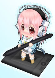 Rule 34 | 1girl, blush, breasts, chibi, drawing tablet, headphones, kai (link2262), long hair, looking at viewer, nitroplus, open mouth, pink eyes, pink hair, solo, stylus, super sonico, wacom, wavy mouth
