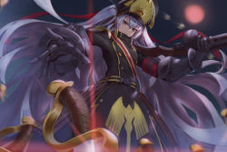 Rule 34 | 10s, 1girl, altair (re:creators), black gloves, blue hair, brown eyes, chiwa (tsugumisky), double-breasted, gloves, gun, hat, long hair, looking at viewer, re:creators, smile, solo, submachine gun, sword, twintails, very long hair, weapon